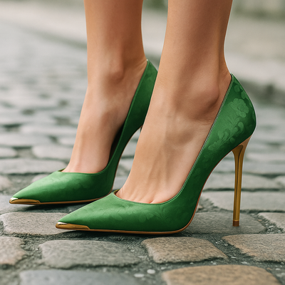 Tacones Satén Con Punta Dorada
